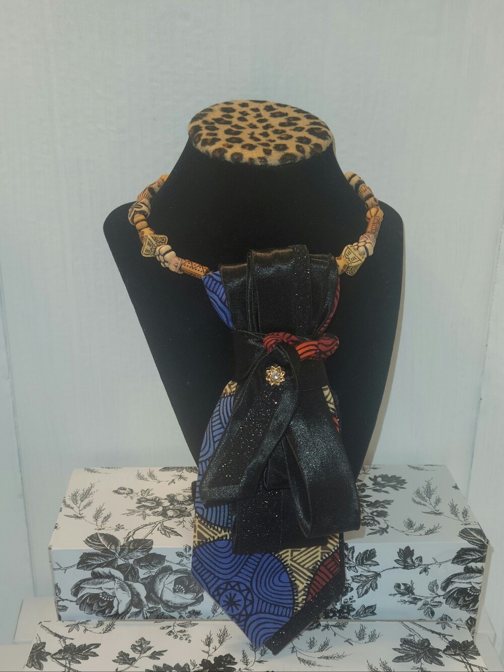 Black Satin Bow Neck Tie with Multicolor Pattern Accent